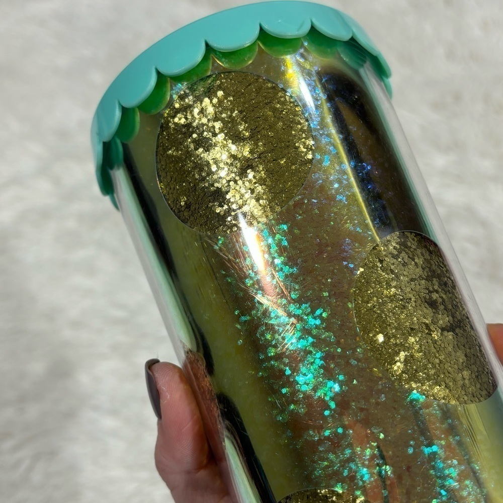 Starbucks Holiday Green Gold Glitter Iridescent Polka Dot Cold Cup Tumbler 24 oz - Picture 5 of 8